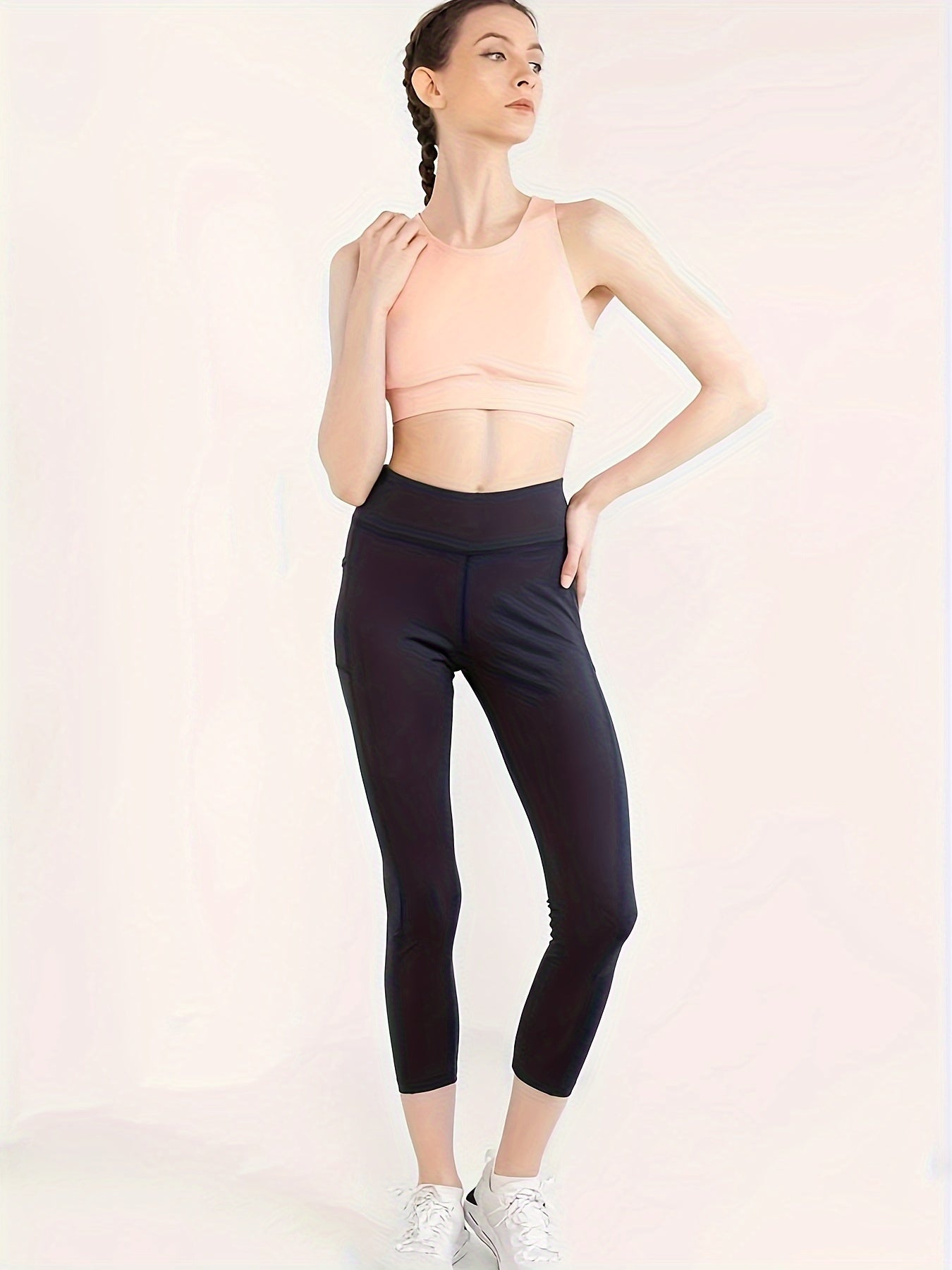 Yoga Cropped Leggings Solid High Stretch Tight Pants With Pocket