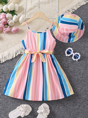 2pcs Toddler Girls Rainbow Stripe Cami Dress & Hat Set for Summer