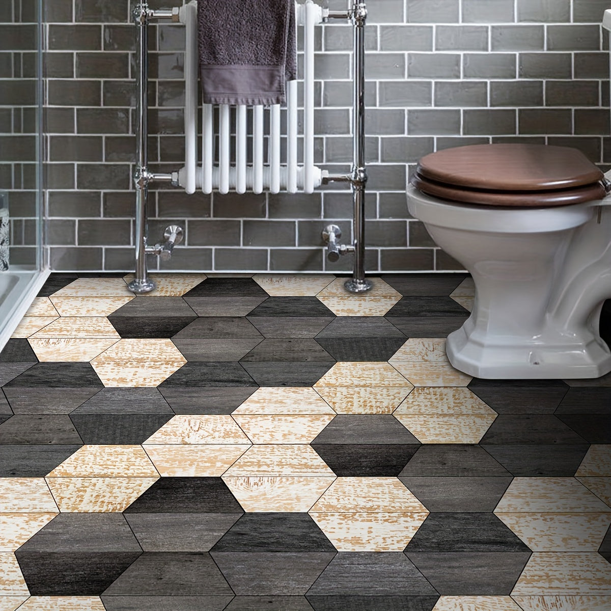 11pcs Wood Grain Pattern Hexagon Floor Stickers Waterproof Non-slip