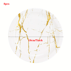 Marble Disposable Paper Plates with Golden Foil - 8/16pcs Set