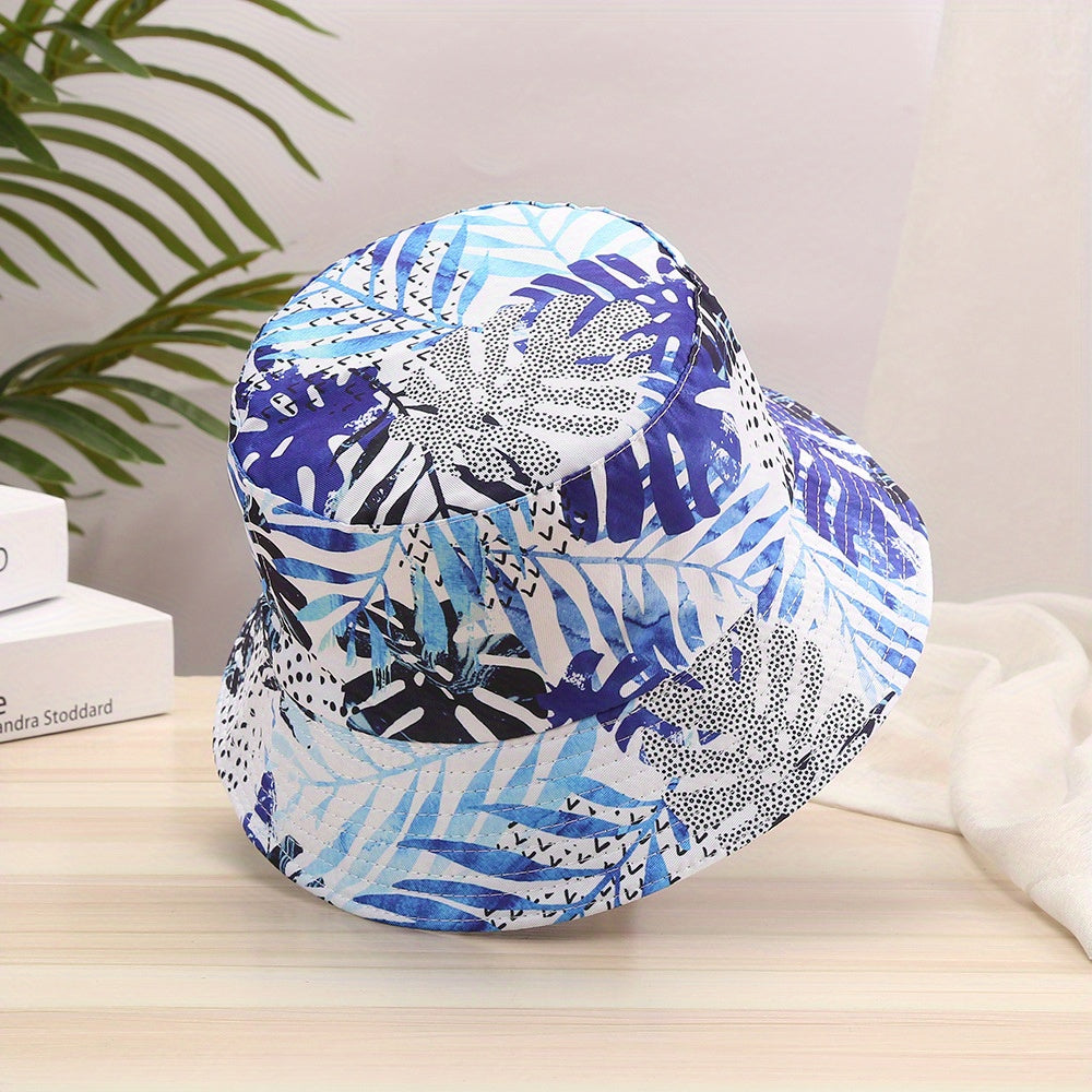 Leaf Print Bucket Hat Double Sided Outdoor Sunscreen Basin Hat