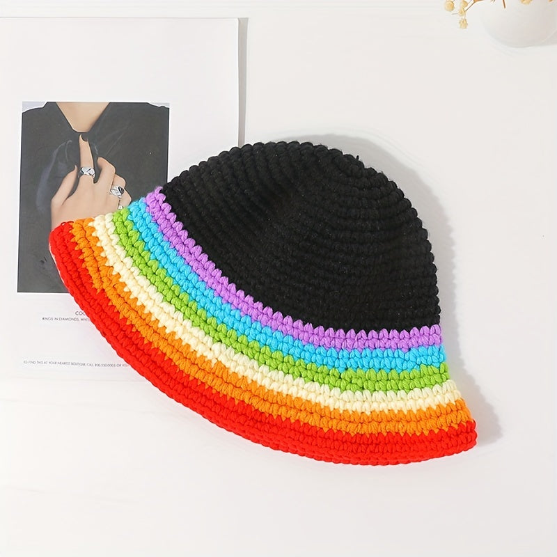 Vintage Rainbow Striped Bucket Hat Classic Crochet Cloche Hat