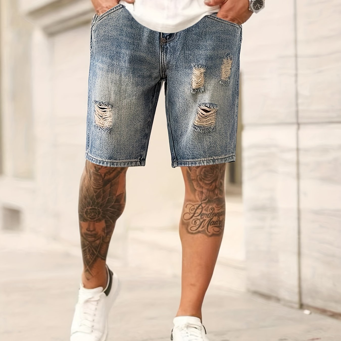 Men's Vintage Denim Shorts, Ripped, Washed for Summer