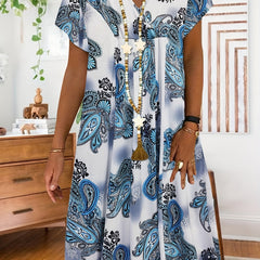 Women's Plus Paisley Print V Neck Pleated Loose Dress