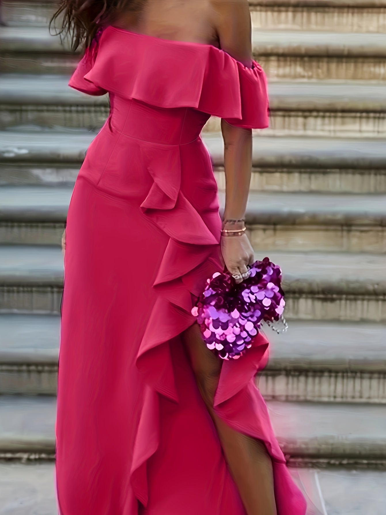 Off Shoulder Ruffle Trim Split Dress for Party