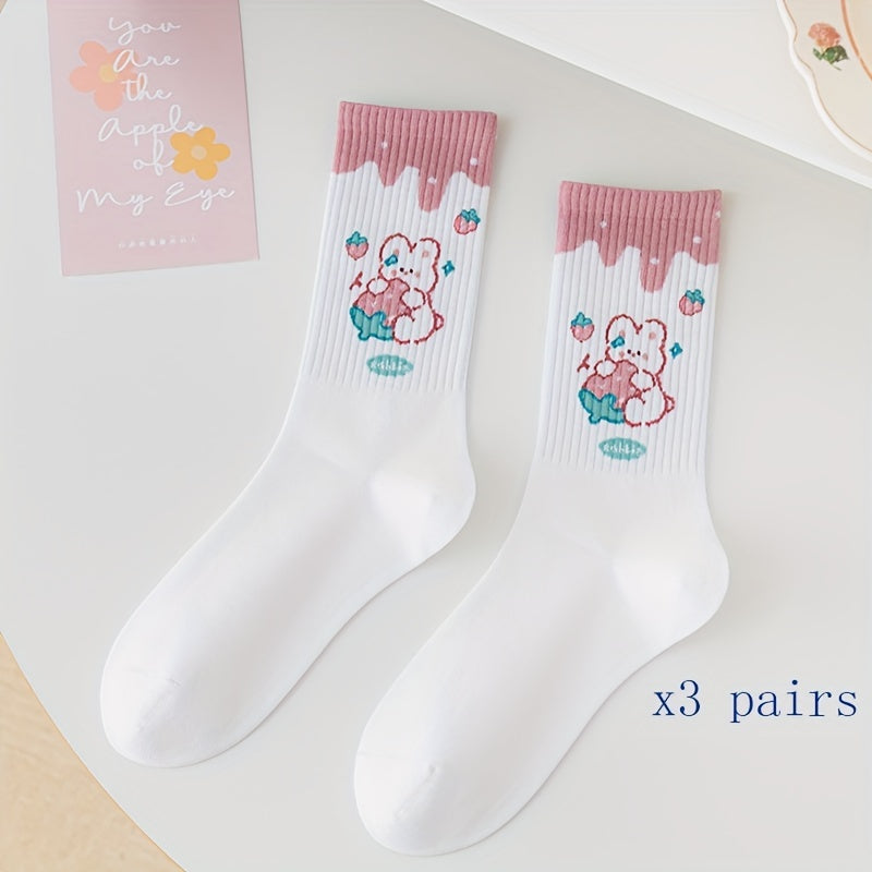 3 Pairs Bear & Bunny Crew Socks Women's Stockings