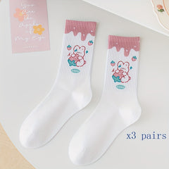 3 Pairs Bear & Bunny Print Socks Women's Crew Stockings