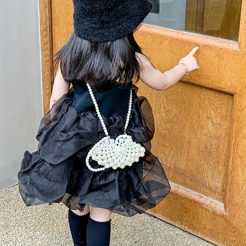 Girls Faux Pearl Bag Fan Shape Handbag Beaded Princess Bag