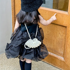 Girls Faux Pearl Bag Fan Shape Handbag Beaded Princess Bag