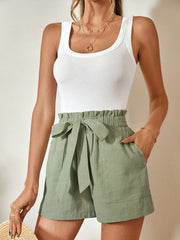 Solid Belted Paper Bag Waist Shorts Casual Patch Pocket Shorts Women's Clothing