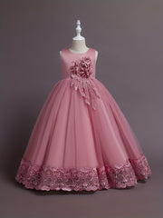 Girls Lace Embroidery Flower Princess Dress with Tutu Skirt