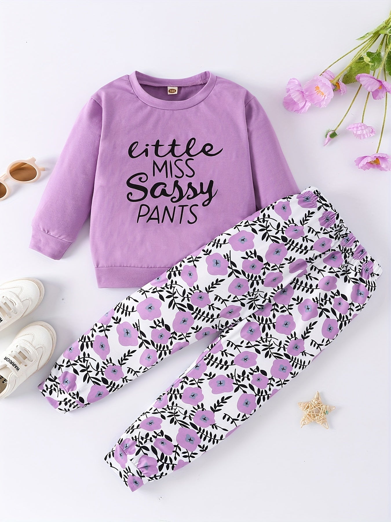 Baby Girls Letter Long Sleeve Top & Flower Print Pants