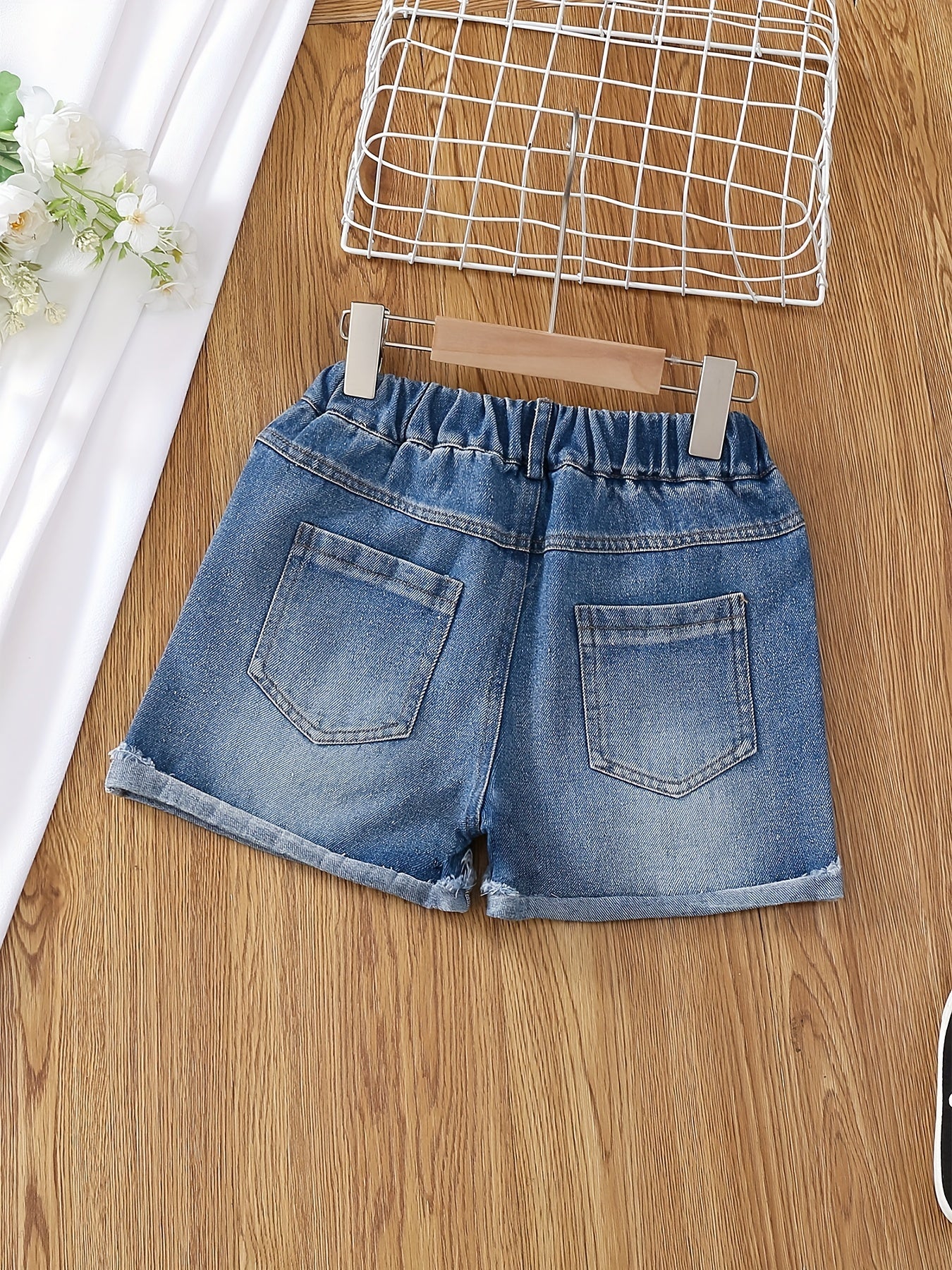 Kids Girls Leopard Patch Ripped Denim Shorts Zip Waist Teenagers Casual Pants
