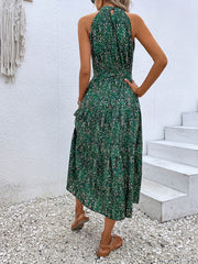 Leopard Print Halter Neck Dress Boho Belted Dress