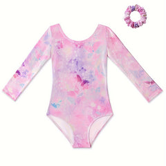 Girls Stretchy Tie Dye Long Sleeve Gymnastics Outfits Slim Dance Suit