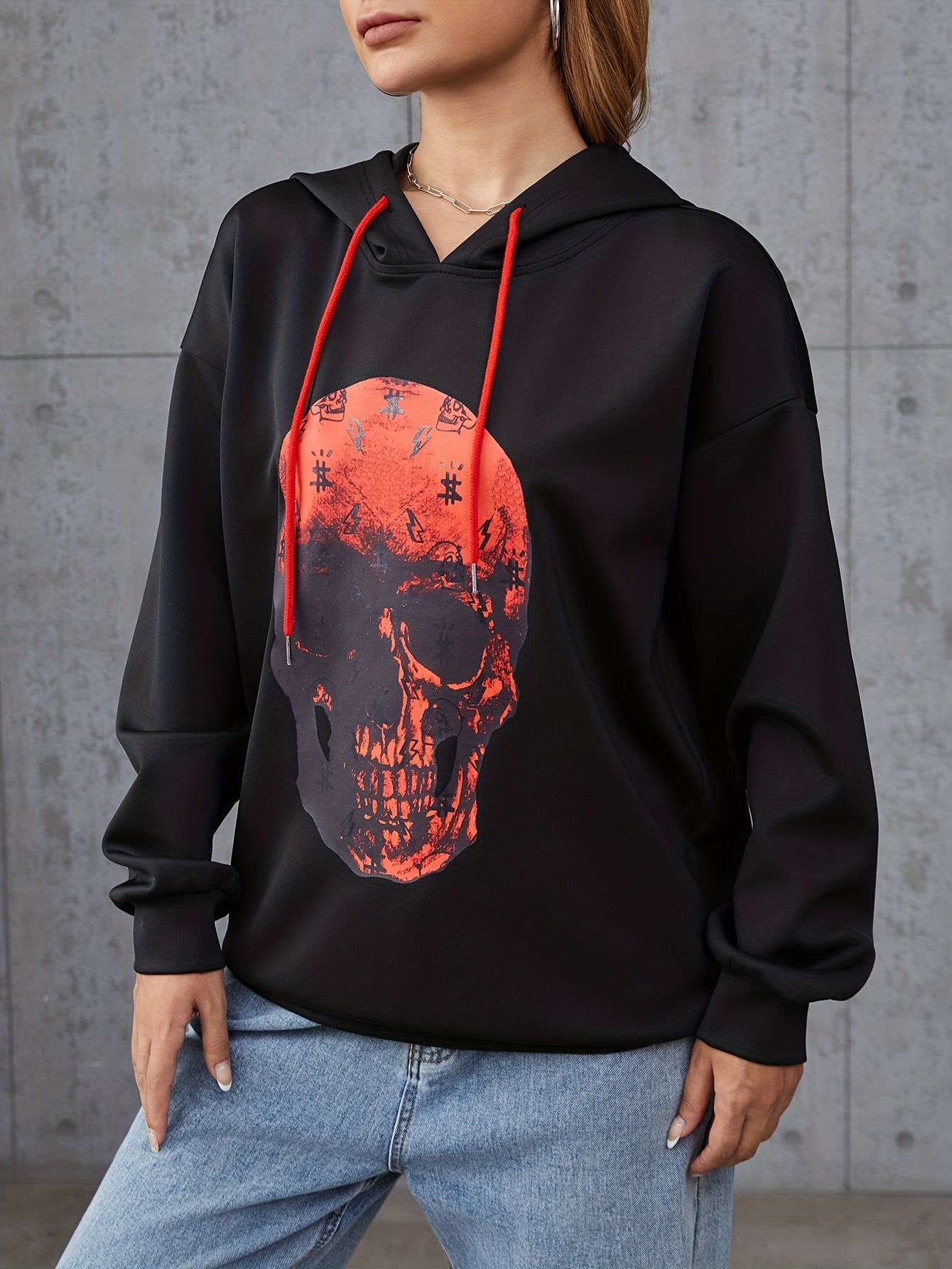 Skull Print Hoodie Long Sleeve Drawstring Hoodies Women's Clothing