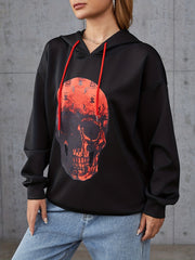 Skull Print Hoodie Long Sleeve Drawstring Hoodies Women's Clothing