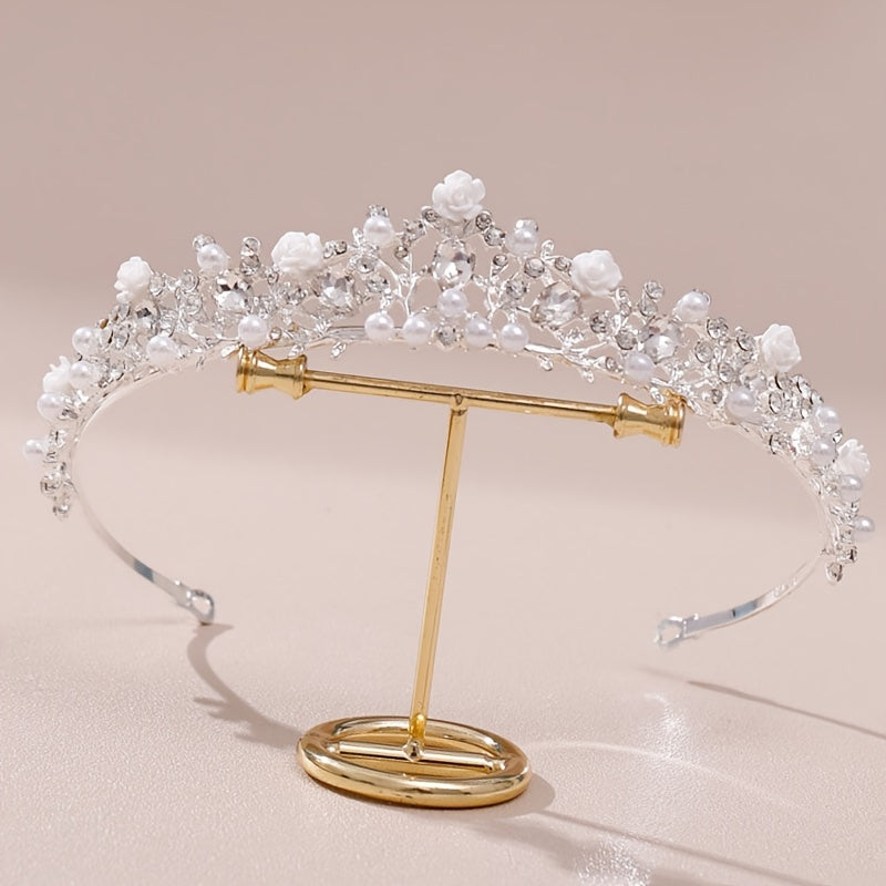 Silvery Rhinestone Faux Pearl Headband Flower Head Hoop Bridal