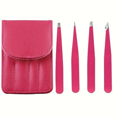 4pcs Stainless Steel Tweezers Set with Travel Case for Hair Removal