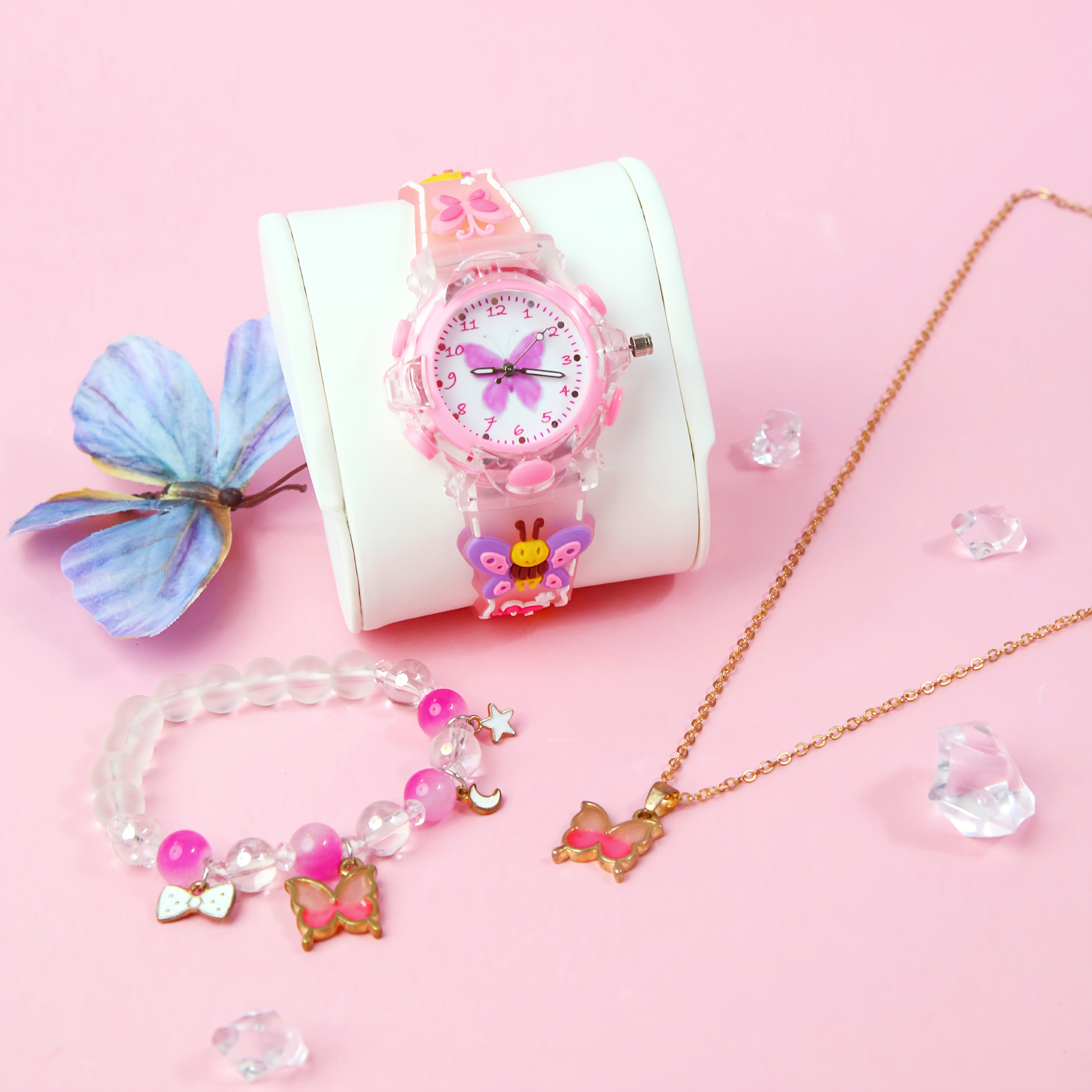Girls' Glowing LED Watch Set with 3D Silicone Strap & Necklace