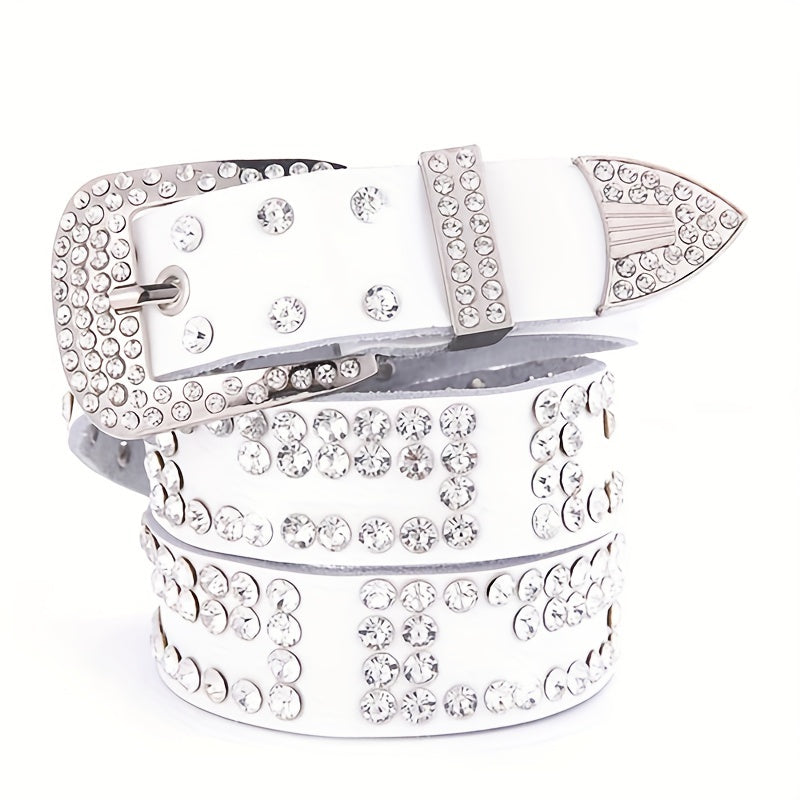 Rhinestone Decor Leather Belt Sparkling Waistband Hip Hop Cowboy Cowgirl Belts