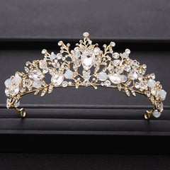 Golden Pearl Bridal Tiara Wedding Crown Floral Hairpiece