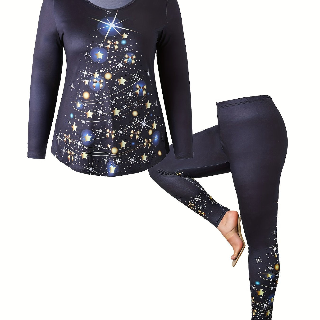 Women's Plus Size Tree Print Top & Leggings 2 Piece Set