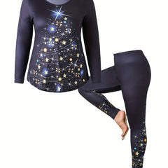 Women's Plus Size Tree Print Top & Leggings 2 Piece Set