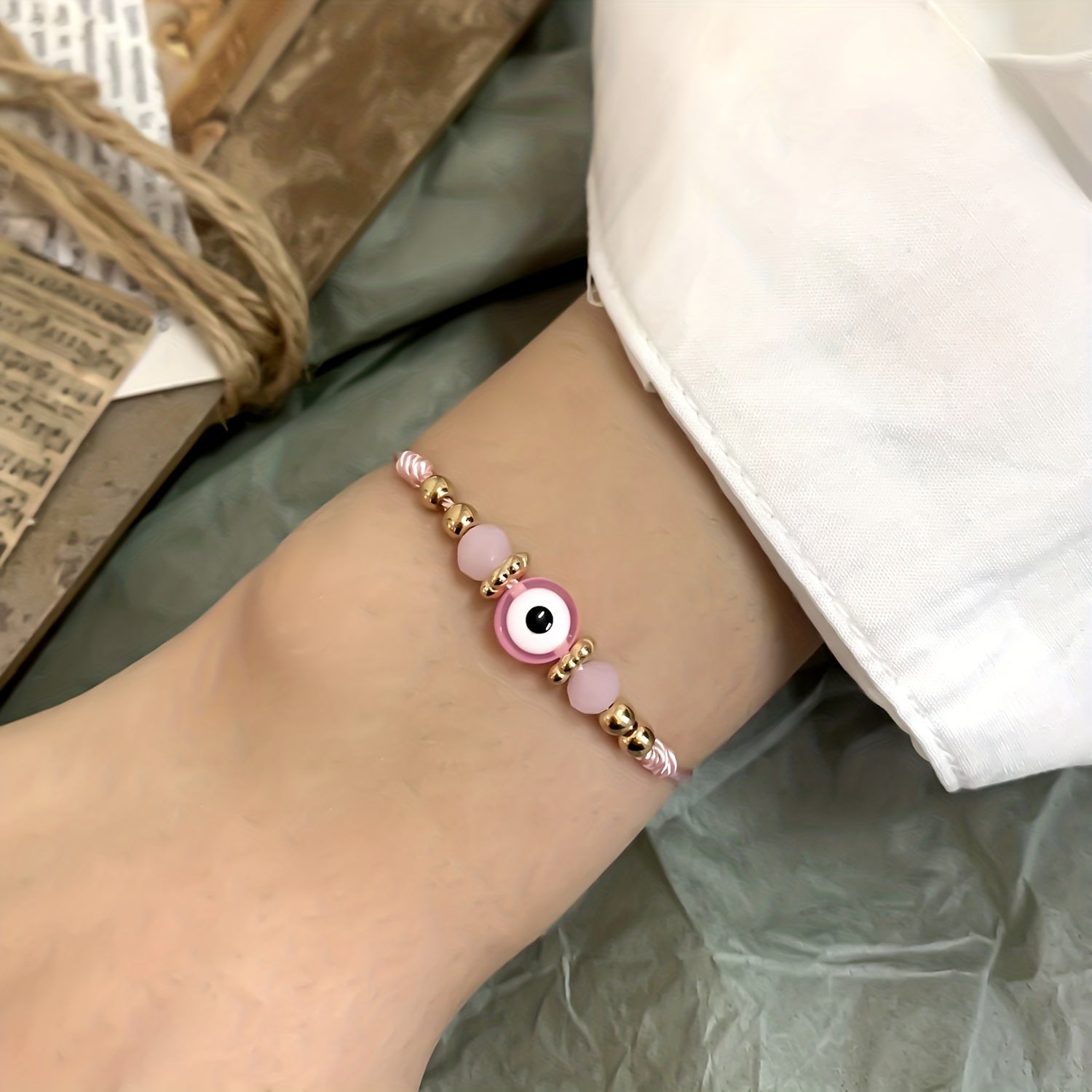 Y2K Style Beaded String Bracelet Devil's Eye Pattern Beads Adjustable Braided