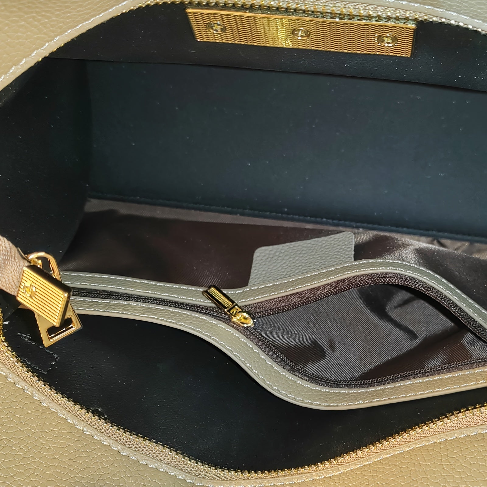Vintage Style Beige Leather Handbag with Golden Accents