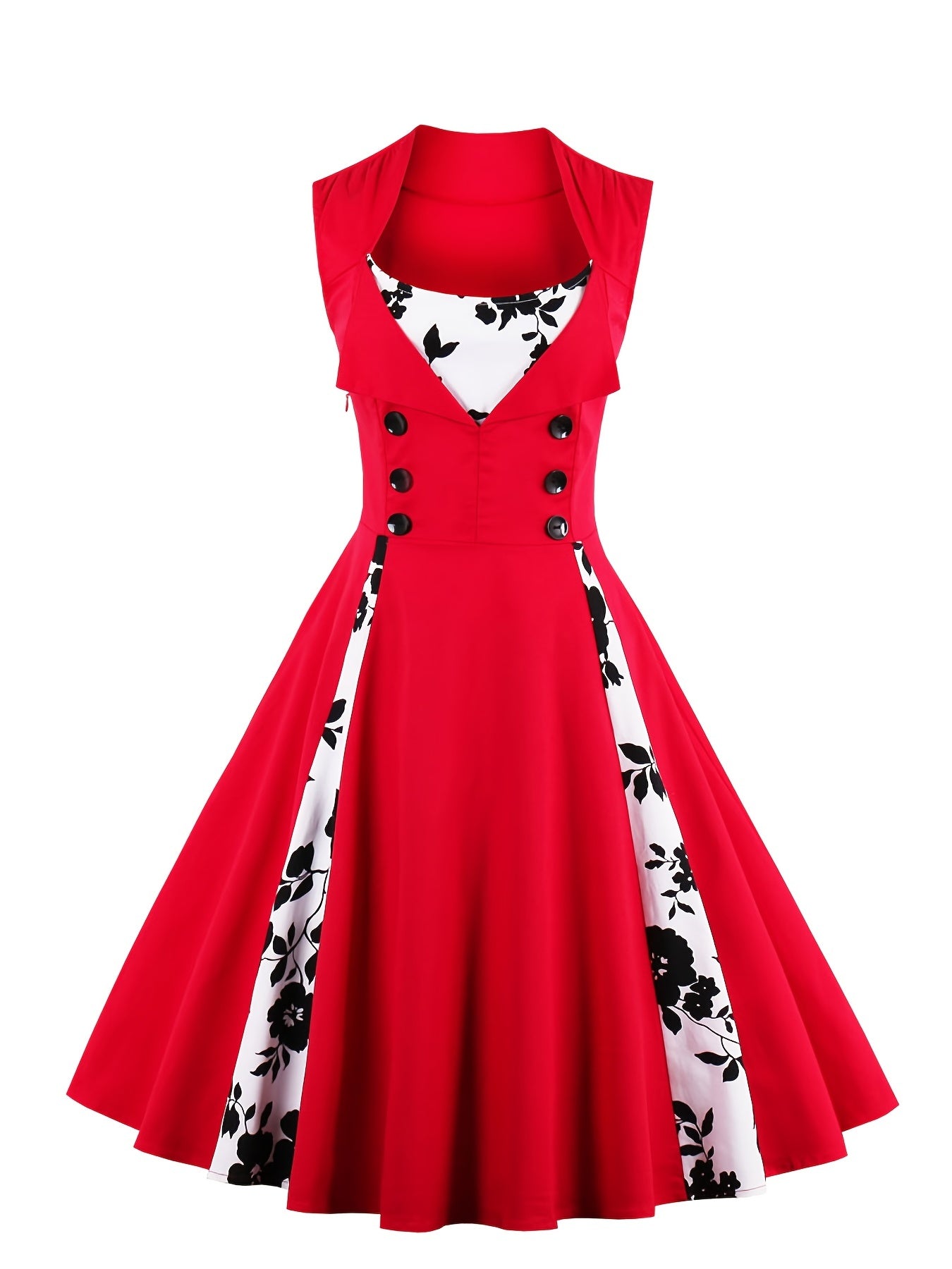Retro Contrast Block Dress Button Sleeveless Waist Swing Dress