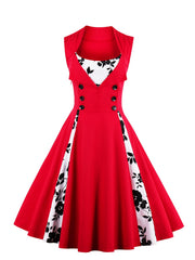 Retro Contrast Block Dress Button Sleeveless Waist Swing Dress