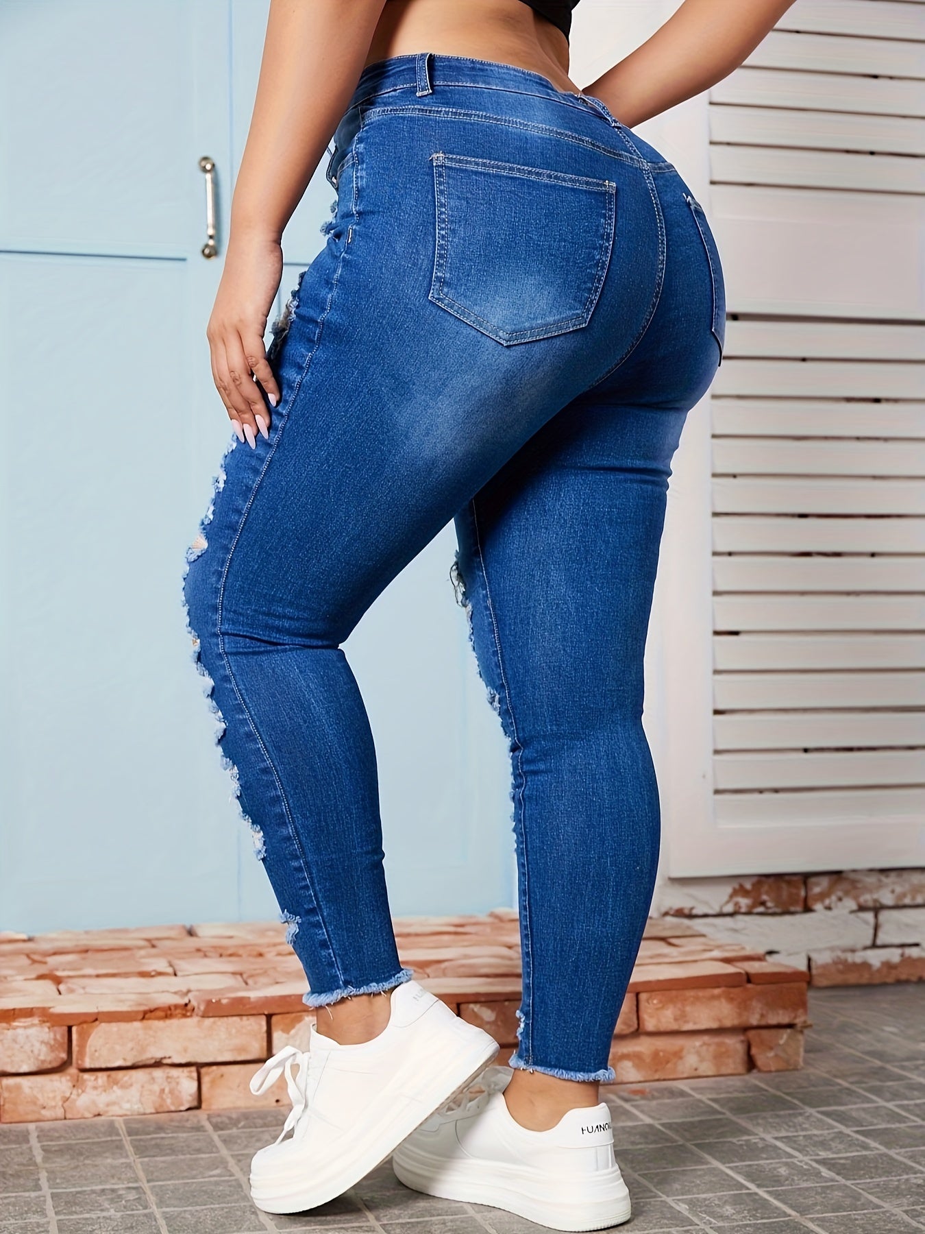 Plus Solid Button Fly Ripped Fringe Trim High Rise Skinny Jeans