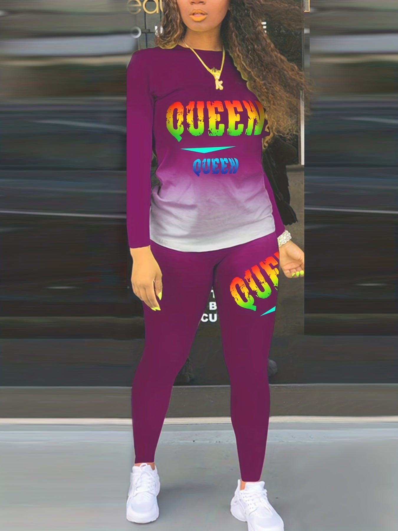 Letter Print Matching Set Long Sleeve Tee & Skinny Pants