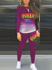 Letter Print Matching Set Long Sleeve Tee & Skinny Pants
