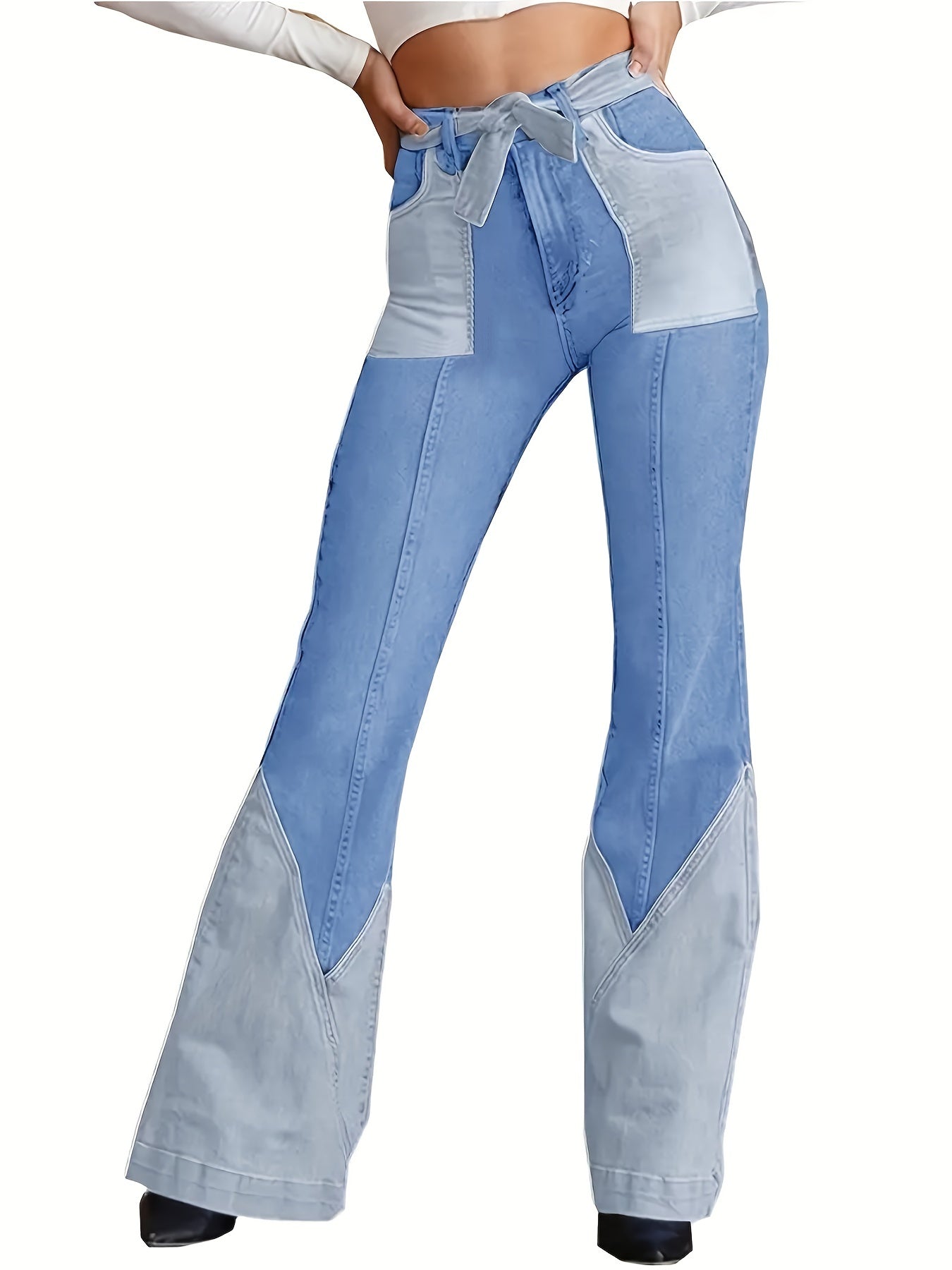 High Waist Flared Denim Jeans with Slash Pockets