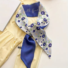 Floral Print Skinny Scarf Satin Neckerchief Long Ribbon Twilly Scarf