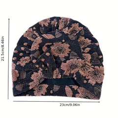 Glitter Flower Embroidery Turban Cap Beanie Elastic Head Wrap