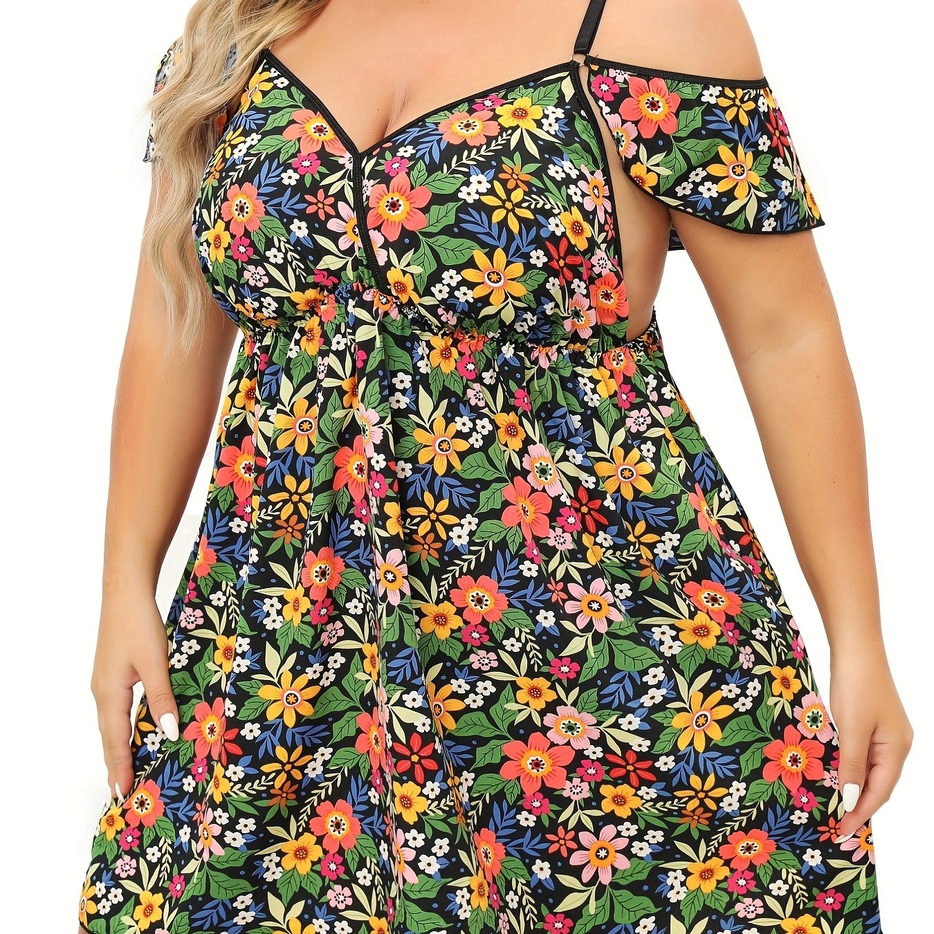 Floral Print Cold Shoulder Ruffle Trim Cami Dress