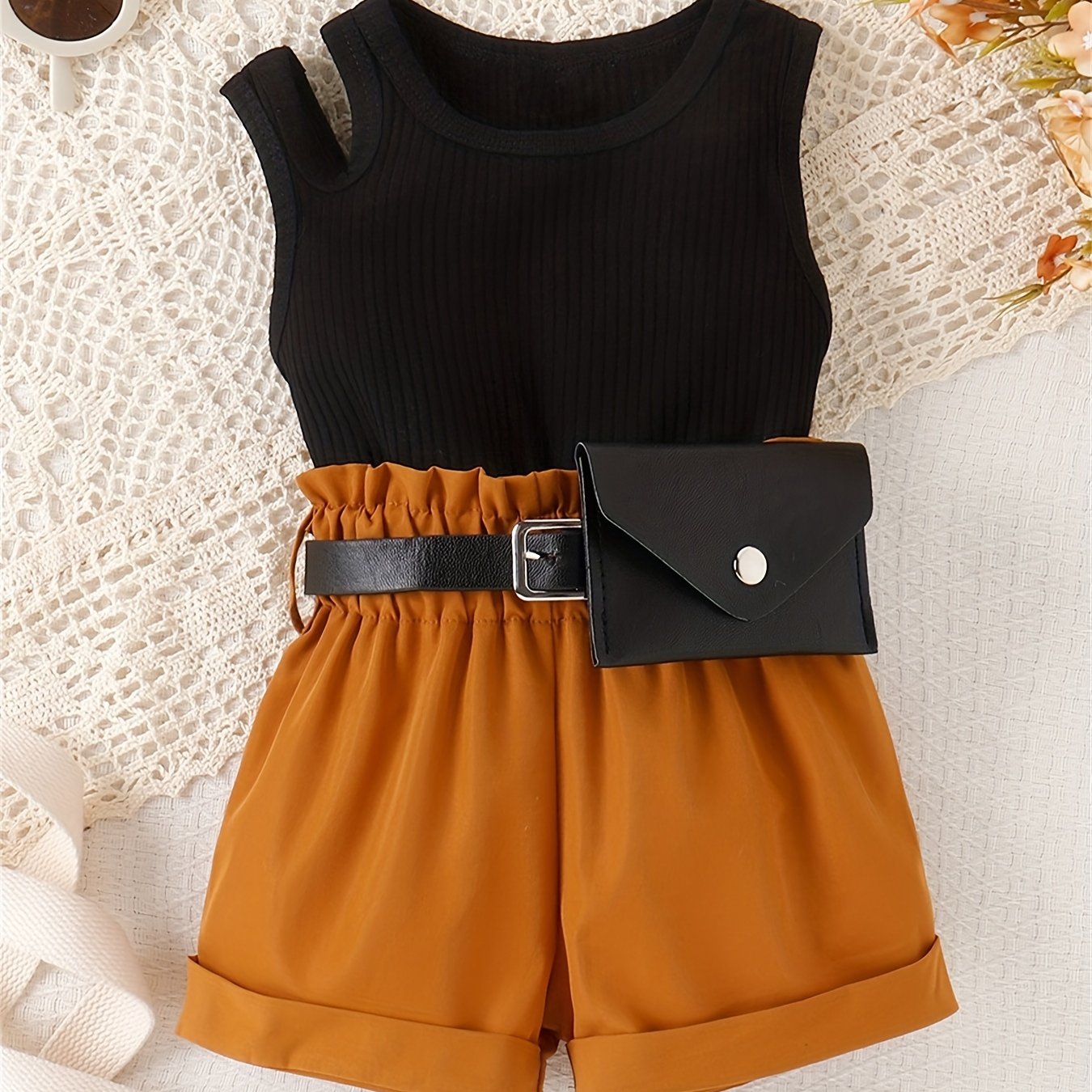 3pcs Baby Girls Cold Shoulder Tank Top & Shorts Set