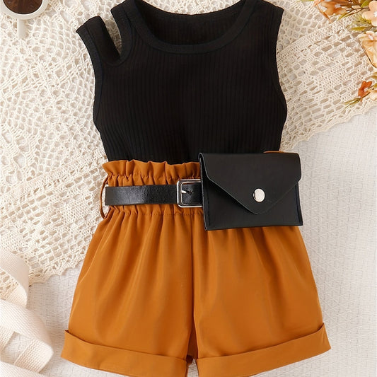 3pcs Baby Girls Cold Shoulder Tank Top & Shorts Set