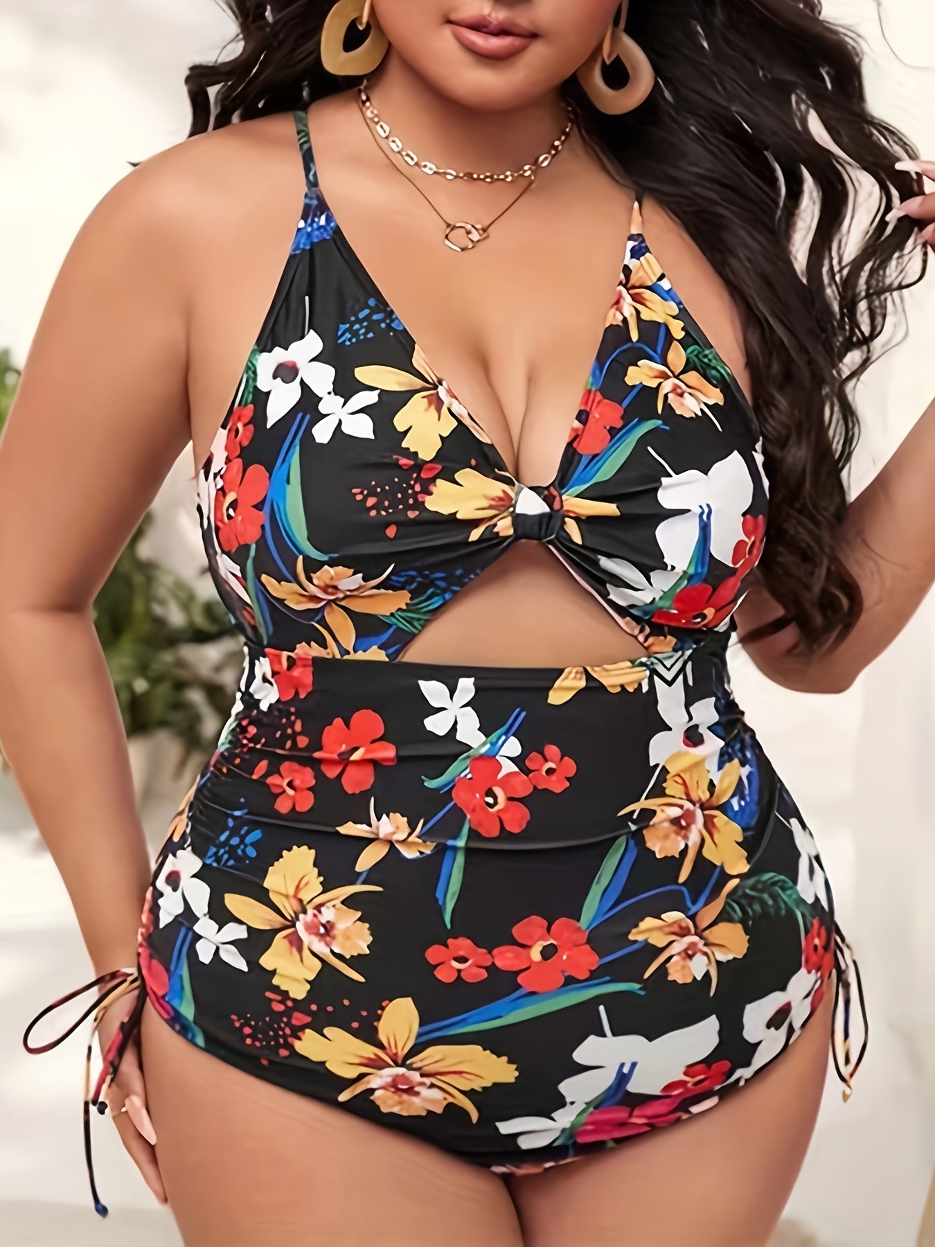 Allover Print Lace Up Crisscross Back One Piece Swimsuit
