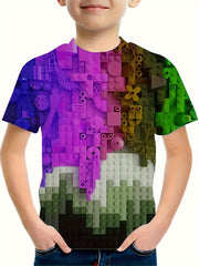 Colorful Building Block 3D Print Boys T-shirt Summer Sports Round Neck Top