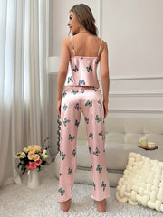 Butterfly Print Pajama Set V Neck Cami Top & Elastic Waistband Pants