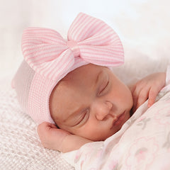 Newborn Infant Bow Decor Striped Knitted Head Wrap Hospital Hat