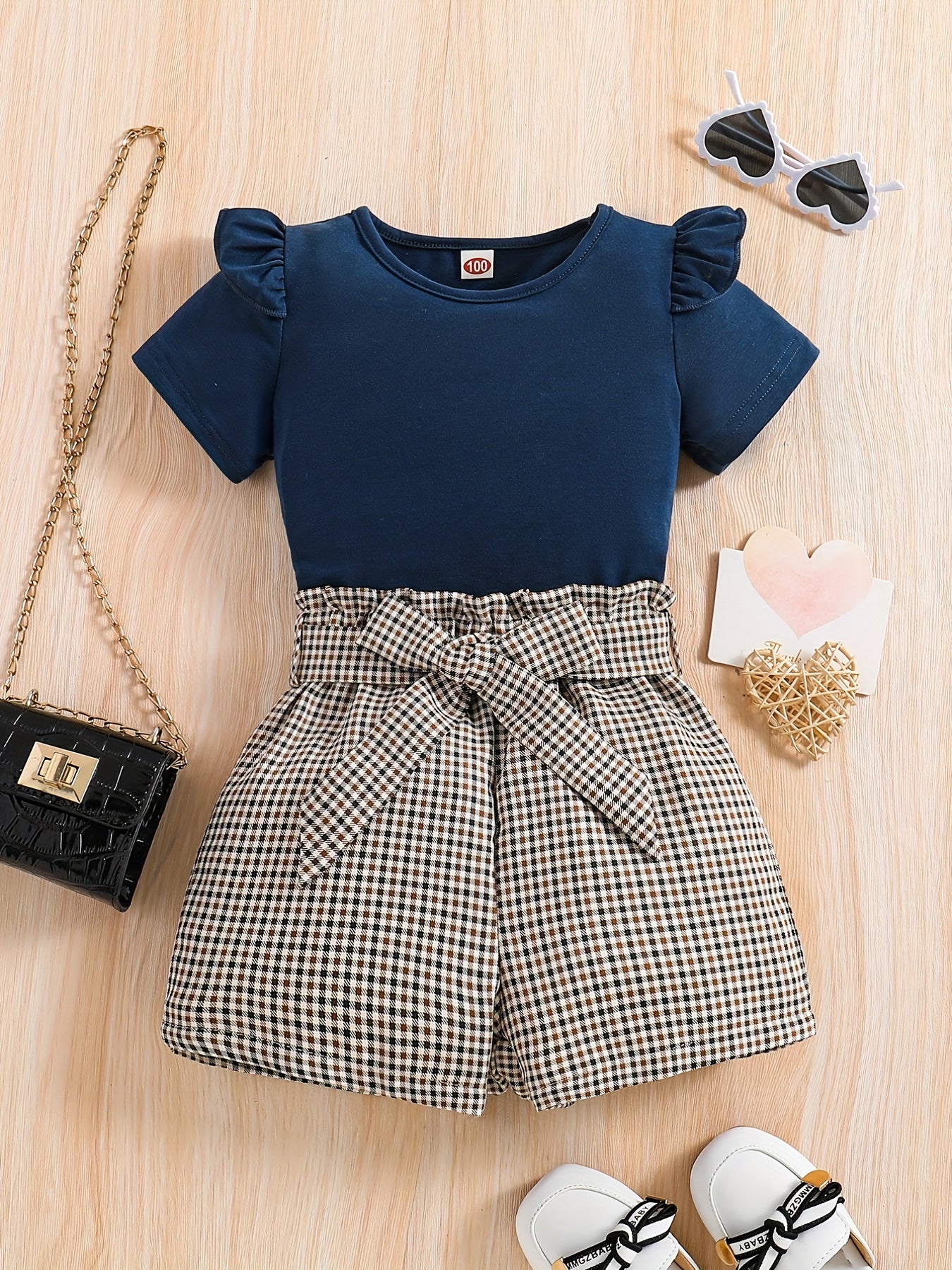 Girls Ruffled Short Sleeve Tee & Plaid Shorts Set with Belt