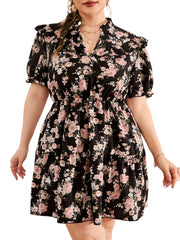 Dress Floral Print Ruffle Puff Sleeve Mini Smock Dress