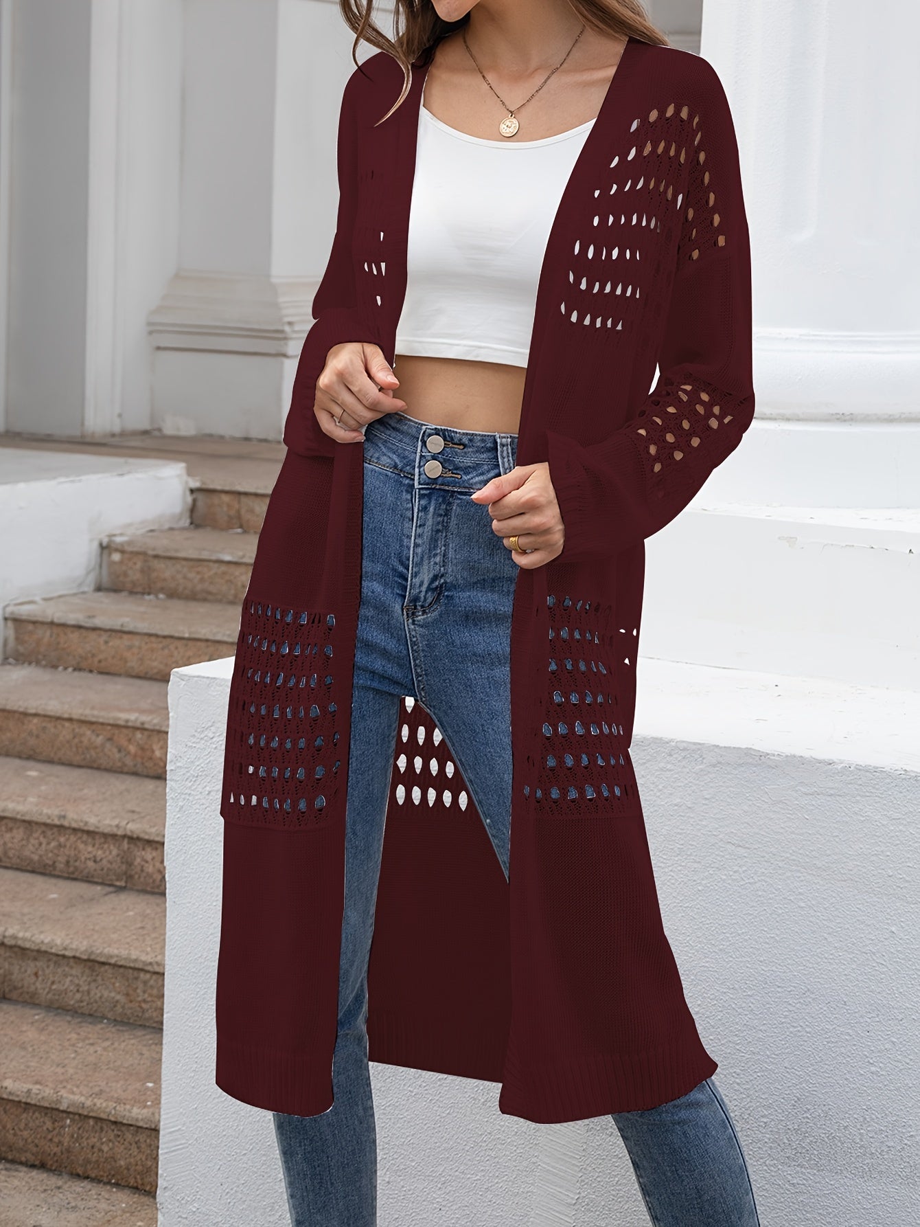 Eyelet Embroidered Long Sleeve Open Front Cardigan