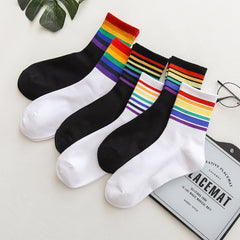 6 Pairs Rainbow Striped Socks - Women's Mid Tube Socks