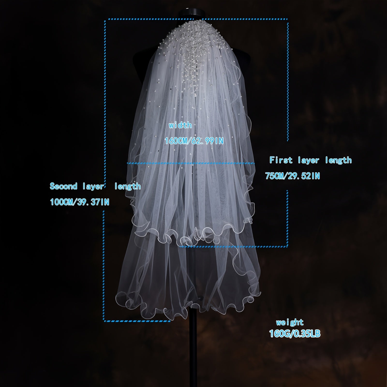 Double Layer Bridal Veil with Faux Pearls & Wavy Edge 1 Meter Long